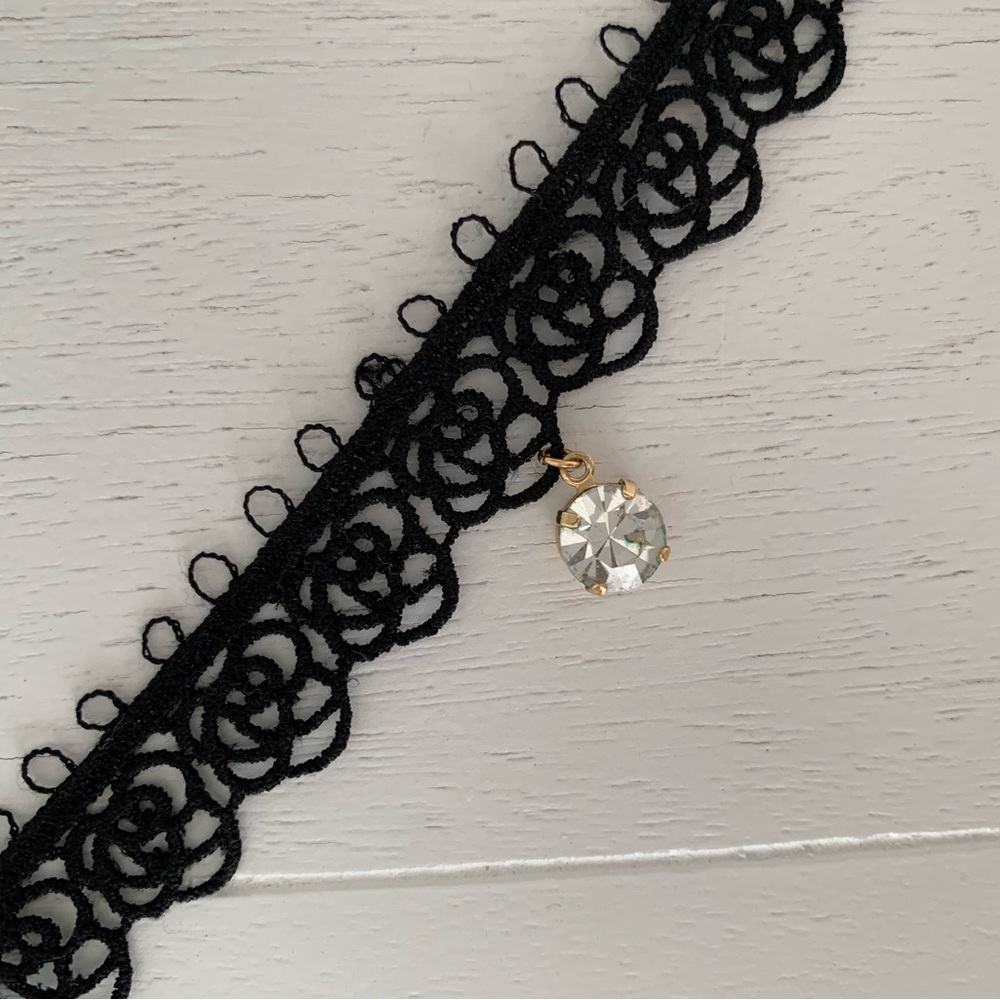 Black Lace Choker with Crystal Pendant